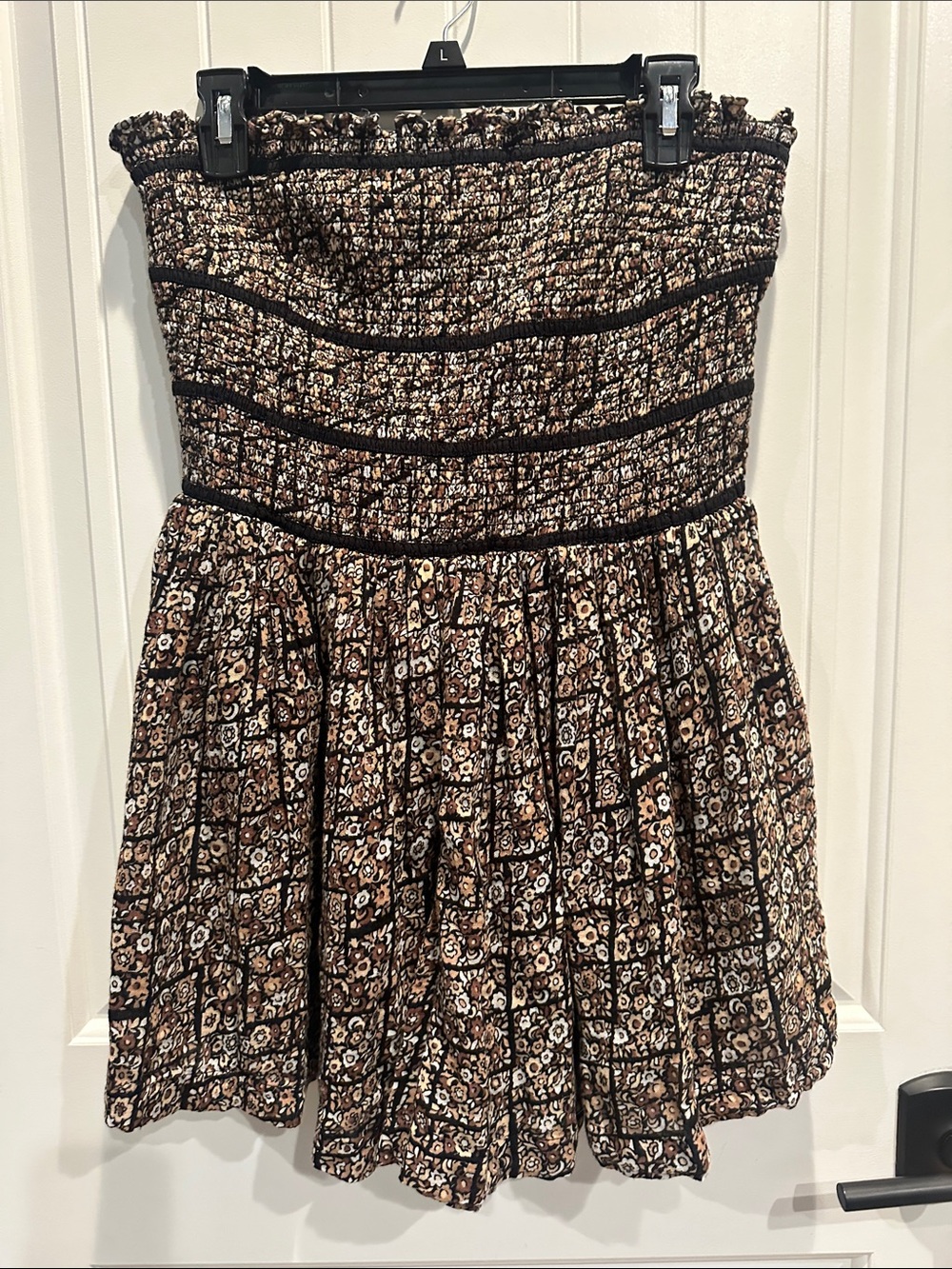 Free People Black Brown Floral Smocked Strapless Romper